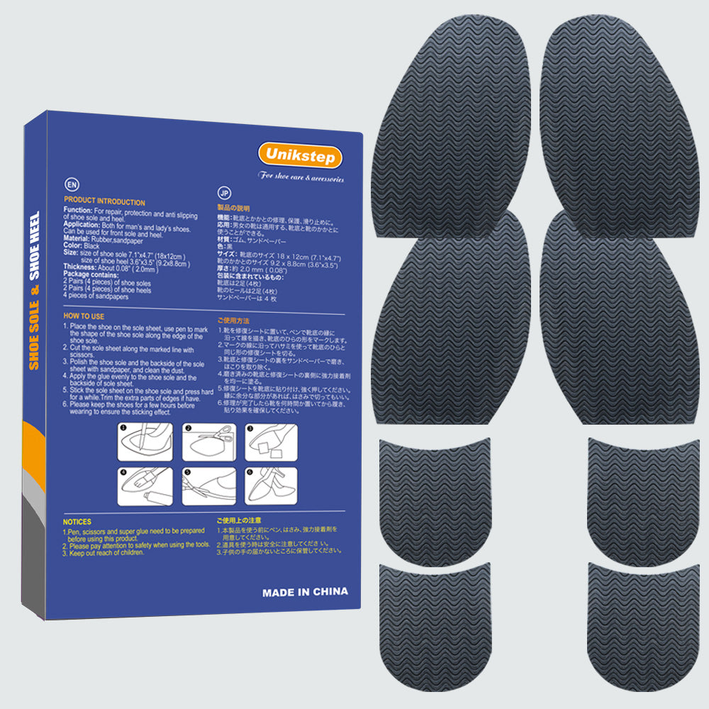 UNIKSTEP 8 Pieces Embossed Soles and Heels of Rubber Material, Shoe Sole and Heel Repair Rubber Sheets, Shoe Bottom Front Sole and Heel Replacement Pads, Non Skid Sole Protectors 2 Pairs Soles and 2 Pairs Heels